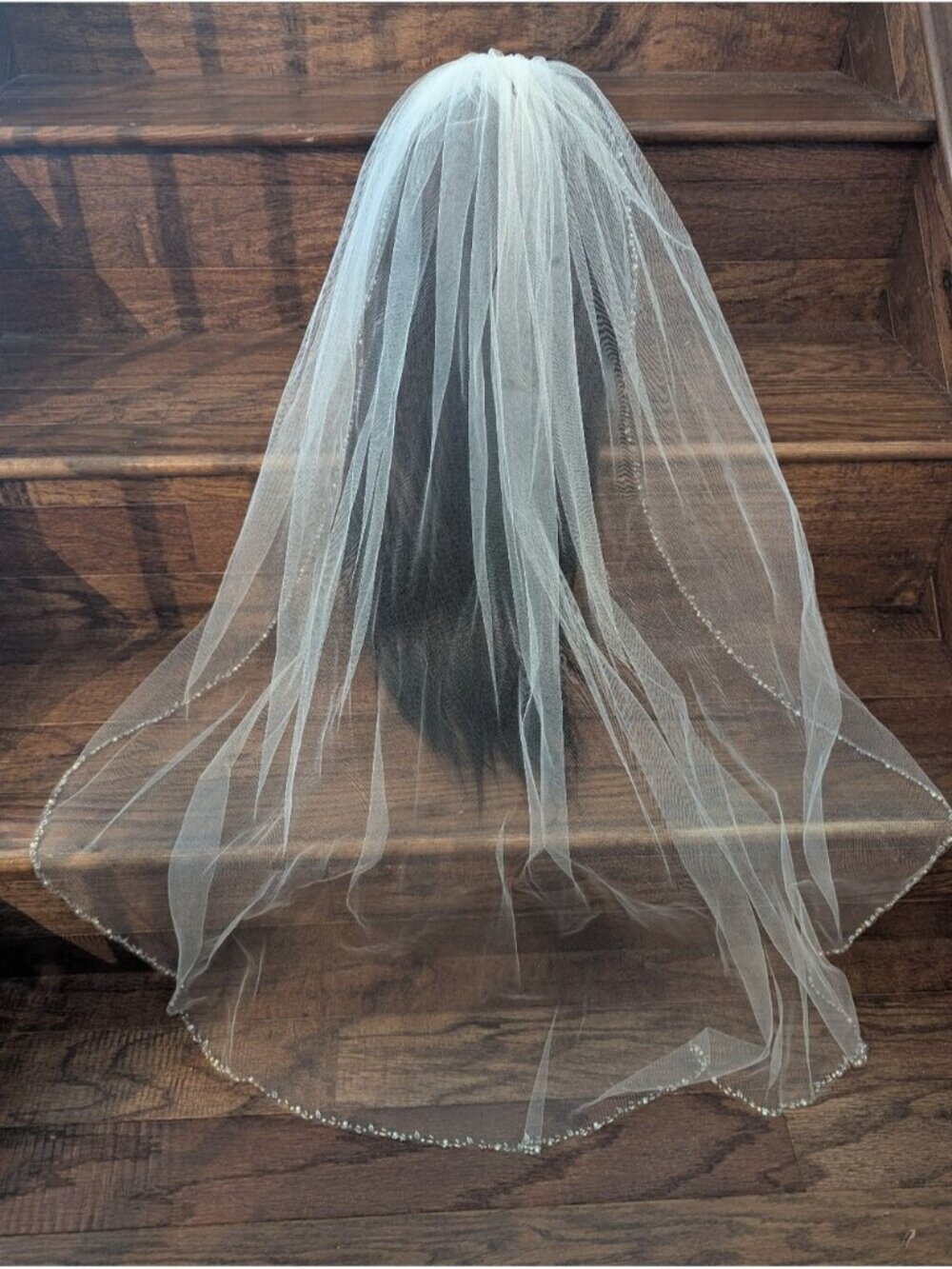 Vintage Wedding Veil Light Ivory Elbow Length With Hand Sewn Beading